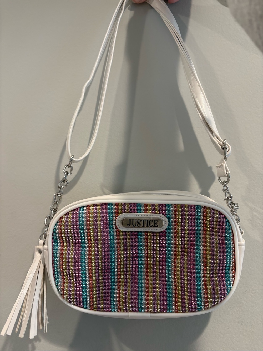 Justice White Multicolor Beaded Crossbody Bag